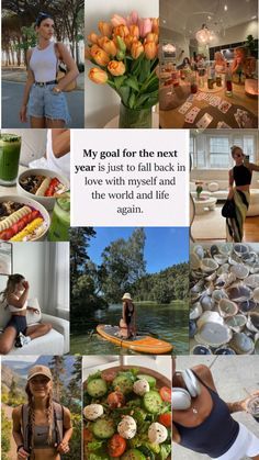 Kollage med bilder som visar fritidsaktiviteter, hälsosam mat och blommor.